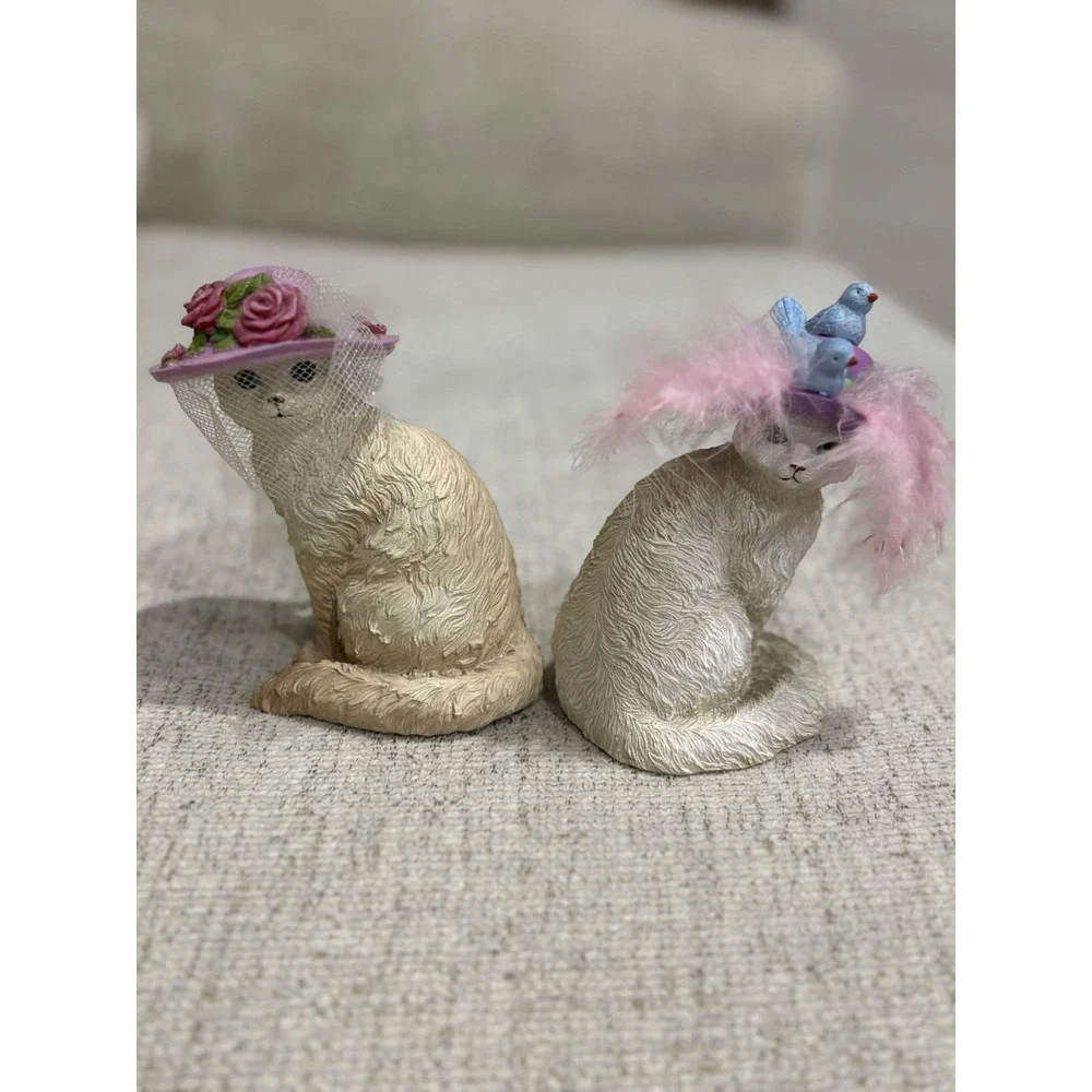 Vintage Decorative Cat Figurines Pair with Floral & Bird Hats